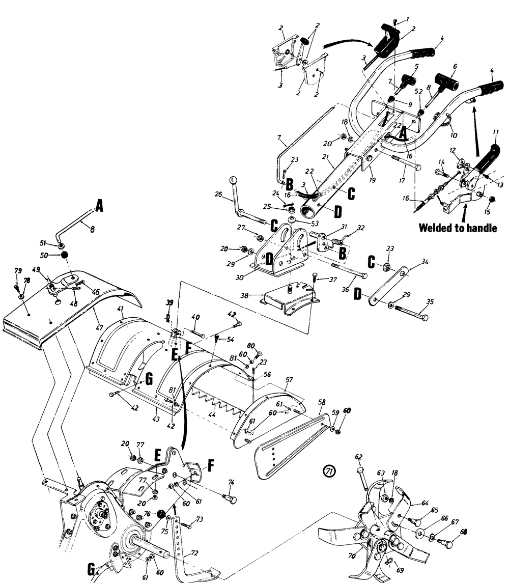 Rear Tine Tiller Diagram and Parts List for A430 (212100)(1992) Cub Cadet Tiller